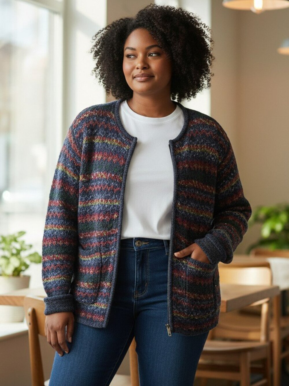 Dressbarn Womens Size 18 20 Striped Wool Blend Full Zip Pockets Sweater Cardigan